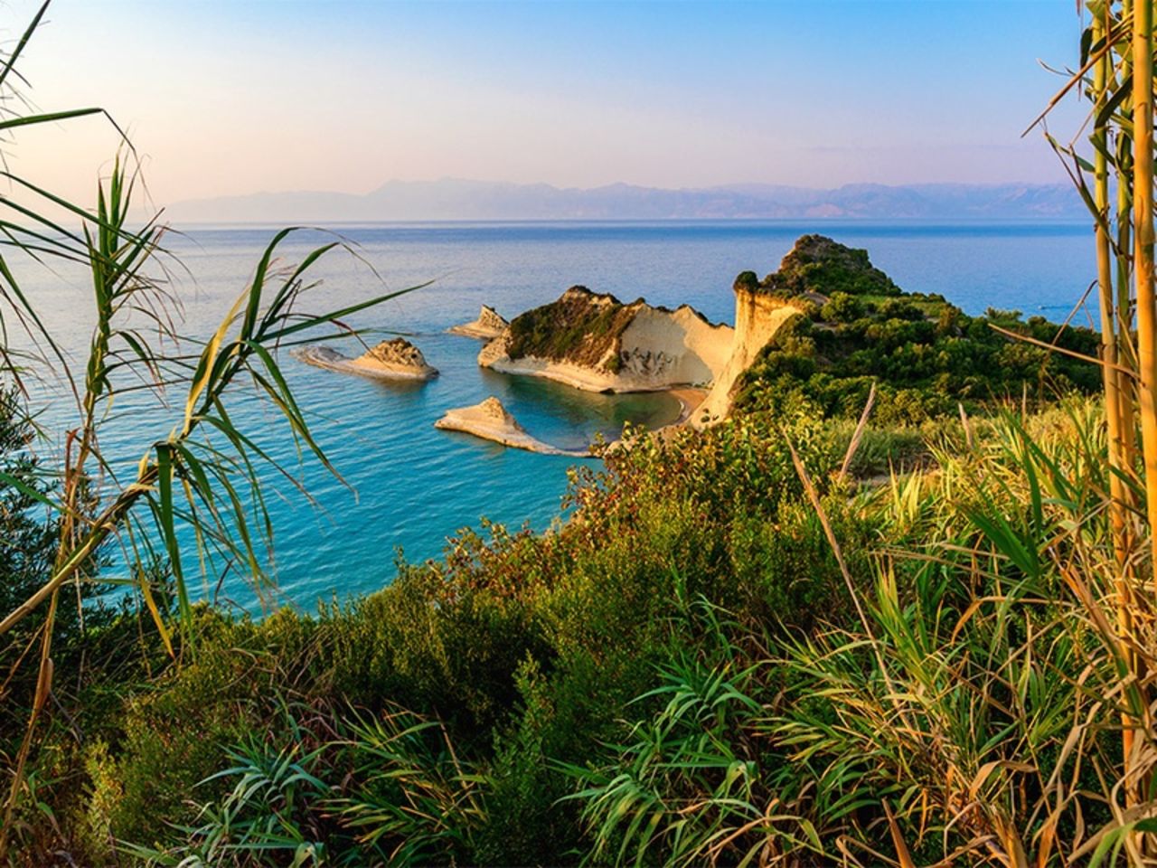 Greek islands: A view of the sea from the grass of a Greek island